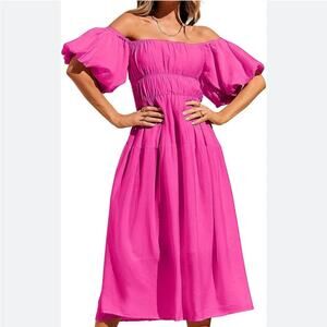 NWT XUBA Women's Boho Off Shoulder Dress Puff Sleeves Flowy Party Midi Dress M